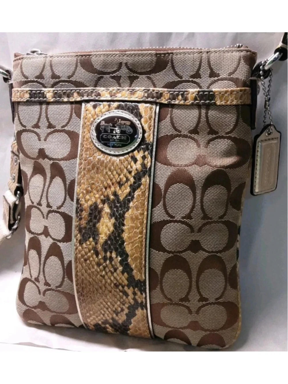 COACH-Sutton-Signature Crossbody-Python Trim-Gold Logo Khaki Jacquard #47875